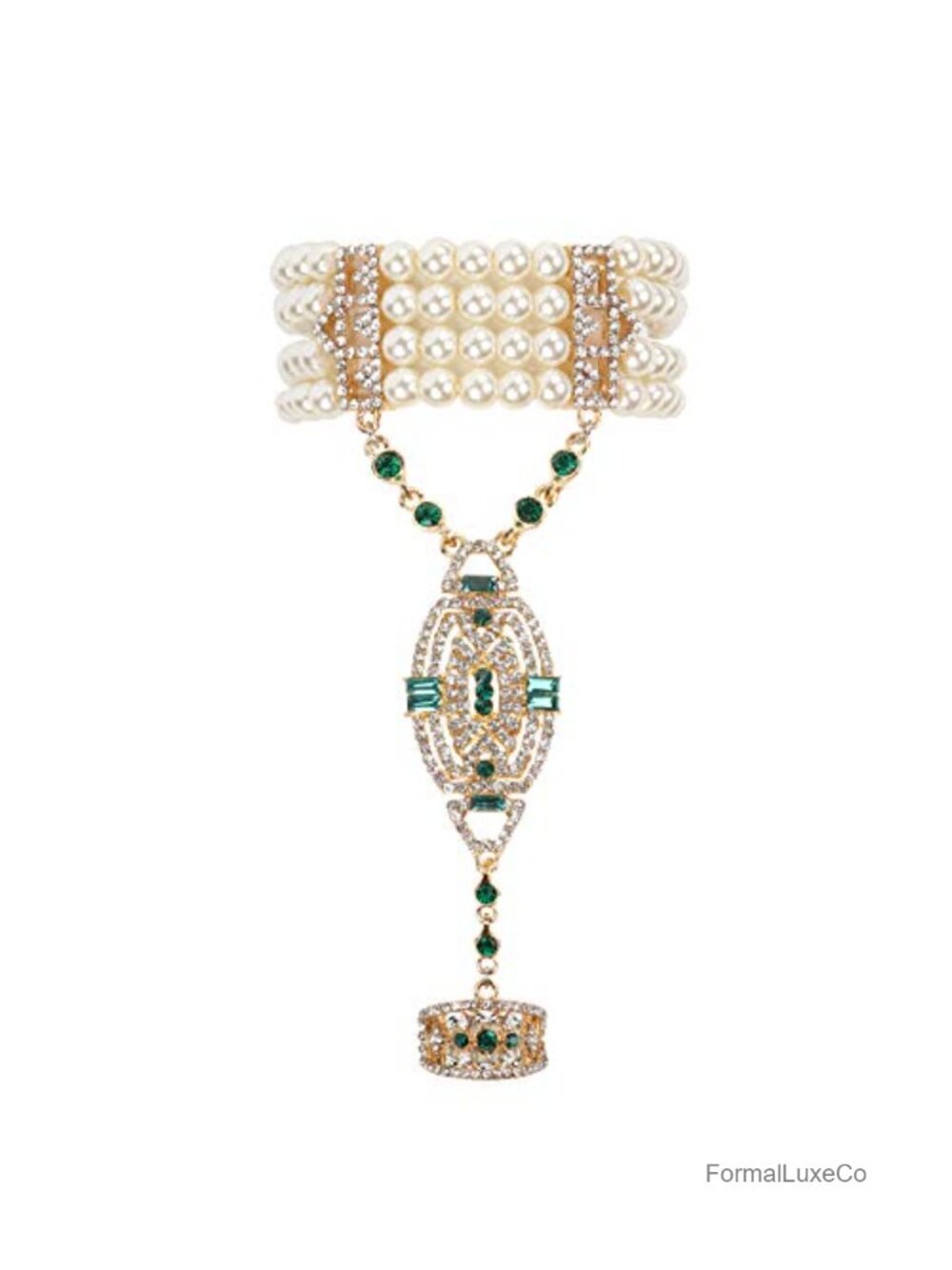 1920s Flapper Bracelet Ring Set Imitation Pearl Crystal Adjustable Gatsby